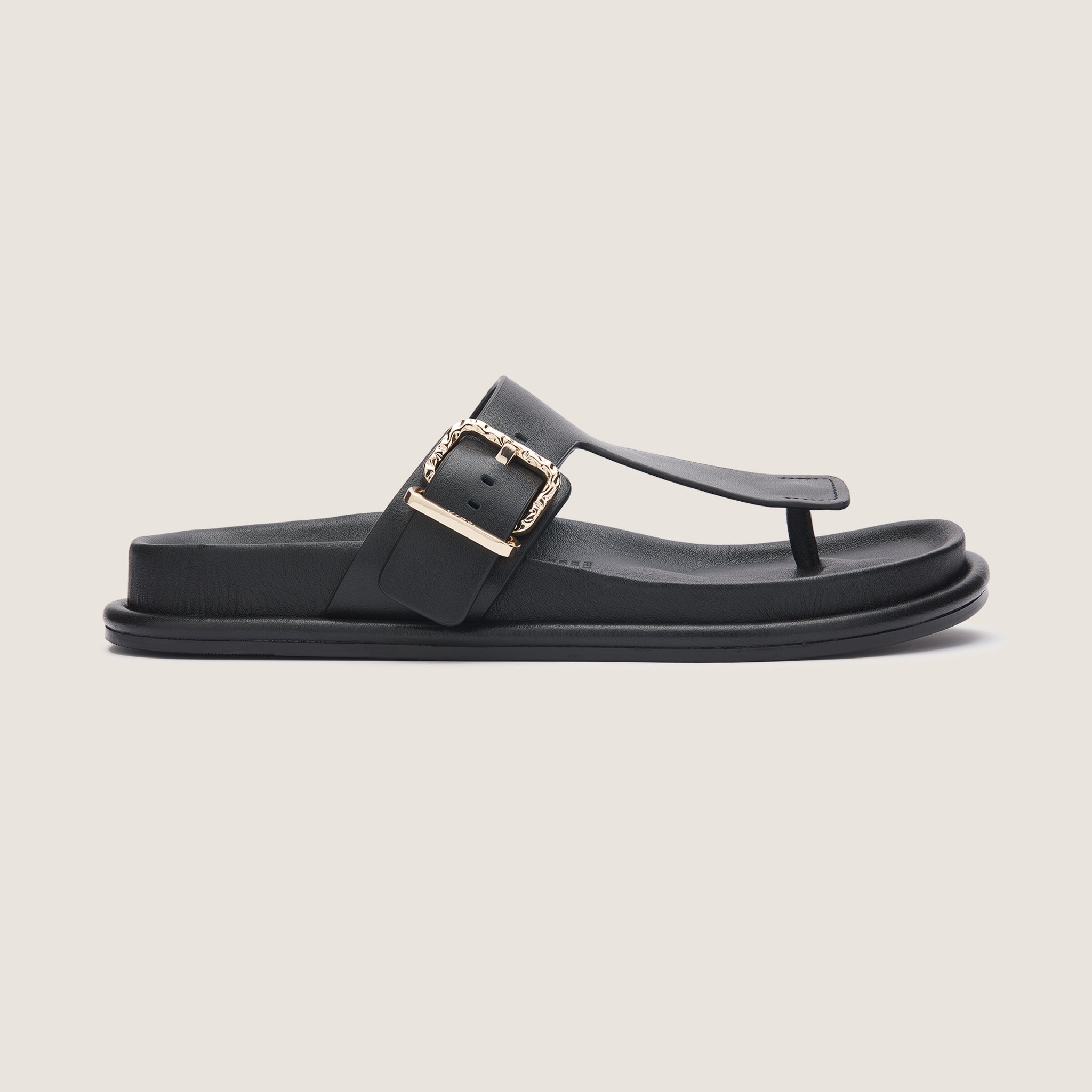 Aero Footbed Thong - Black Leather